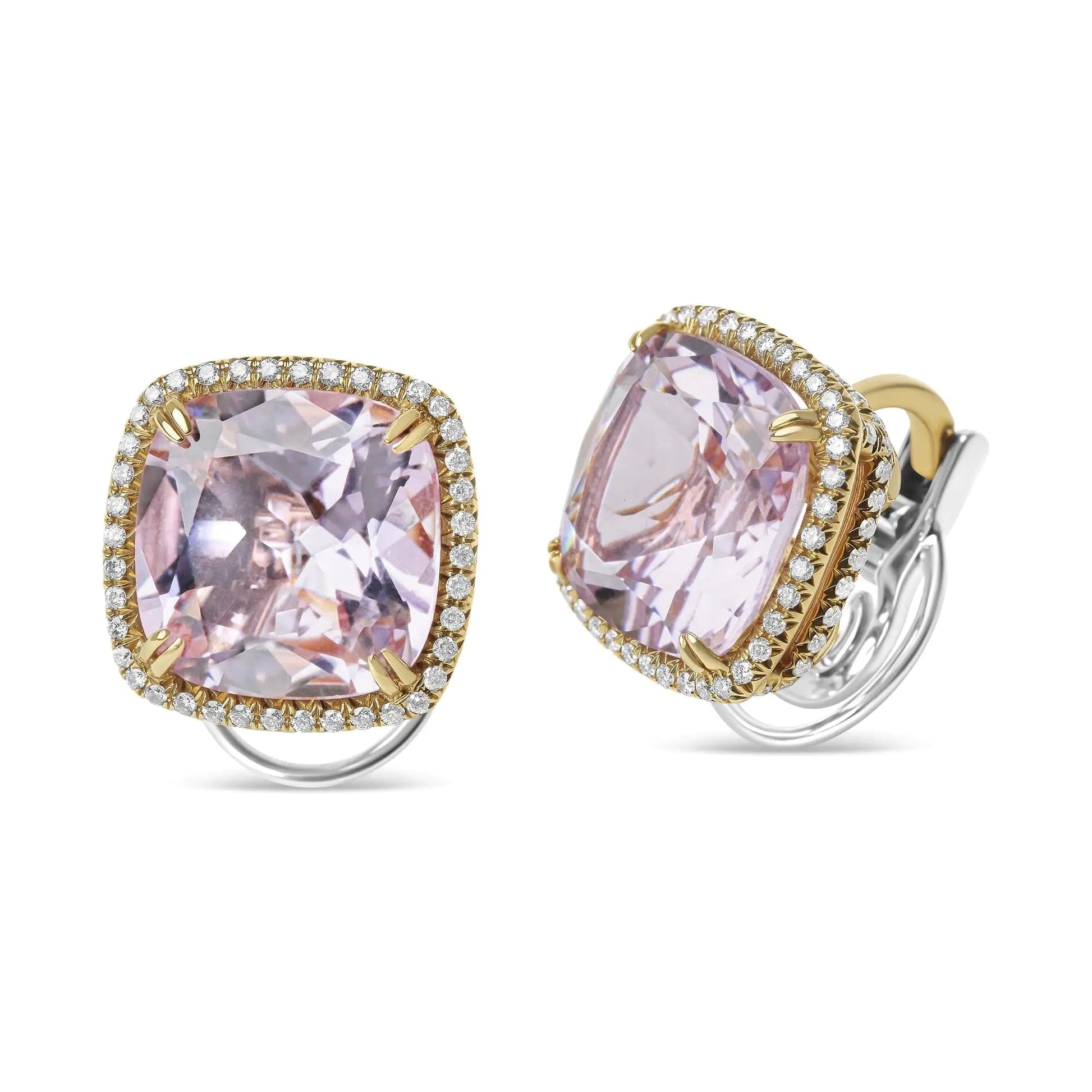 18K Rose and White Gold 9/10 Cttw Round Diamond and 15mm Cushion Cut Rose De France Pink Amethyst Gemstone Clip On Stud Earring (G-H Color, SI1-SI2 Clarity) WEM Support (www.WEM.support)