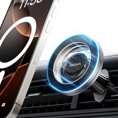 A black REEVAA brand magnetic car mount with a blue light ring, attached to a car vent and holding a smartphone.