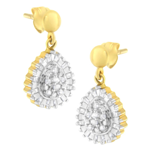 Brincos de Argola com Pingente e Estilo Gota em Ouro Amarelo 10K com 1/4 Cttw de Diamantes Redondos e em Baguete (Cor I-J, Clareza I2-I3) WEM Support (www.WEM.support)