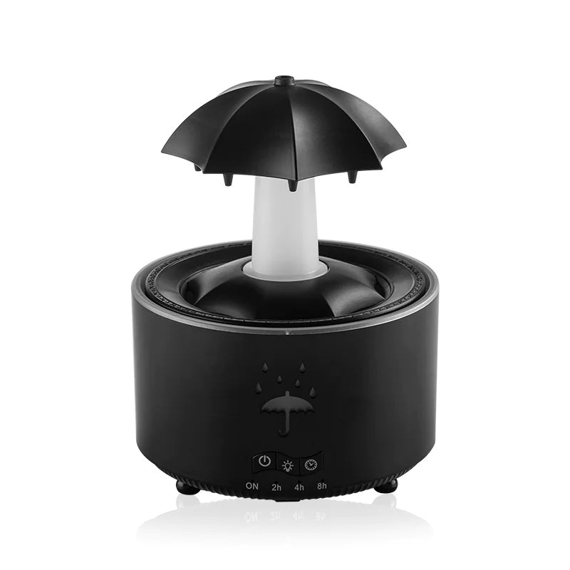 A white rotating humidifier designed to resemble a umbrella and raindrops, with a compartment for water and a central motor.