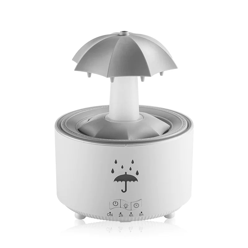 A white rotating humidifier designed to resemble a umbrella and raindrops, with a compartment for water and a central motor.