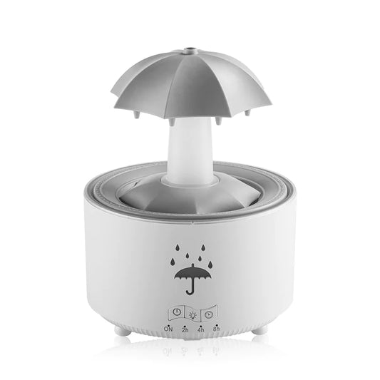 A white rotating humidifier designed to resemble a umbrella and raindrops, with a compartment for water and a central motor.