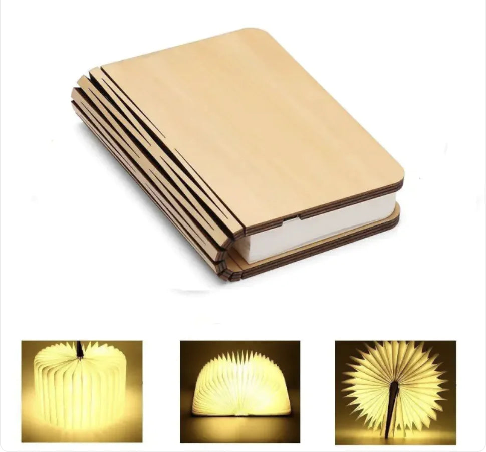 A foldable bedside lamp made of kraft paper, depicted in both closed and open states, illuminating a dark setting with warm light.