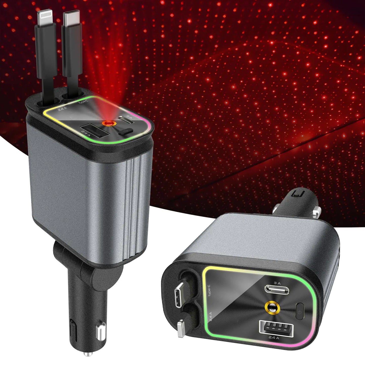 A retractable car charger with starlight projection on the car roof, showing a metallic body with a digital display and charging ports.