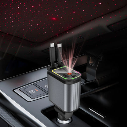 A retractable car charger with starlight projection on the car roof, showing a metallic body with a digital display and charging ports.