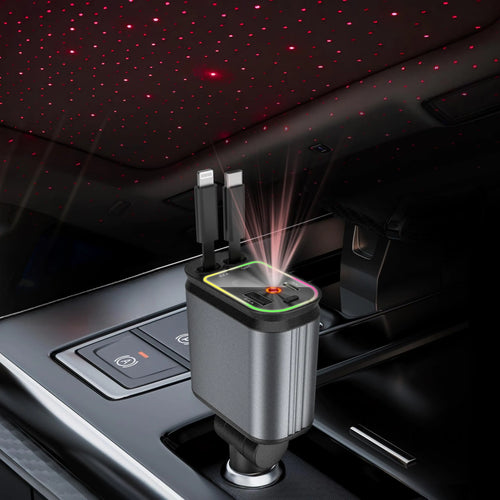 A retractable car charger with starlight projection on the car roof, showing a metallic body with a digital display and charging ports.