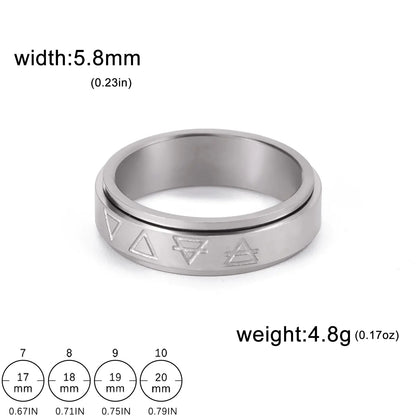 A stainless steel ring with a rotating triangle pattern design.