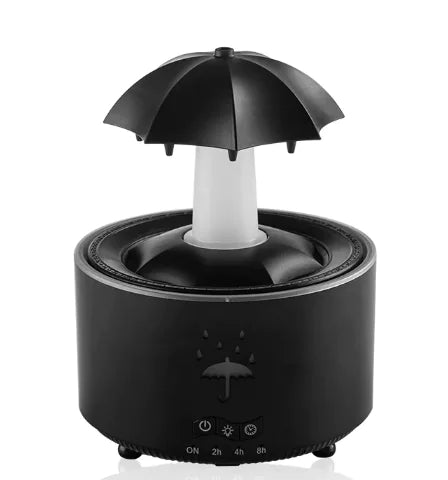 A black, water drop-shaped humidifier with a rotating umbrella-like top, featuring control buttons on the front.
