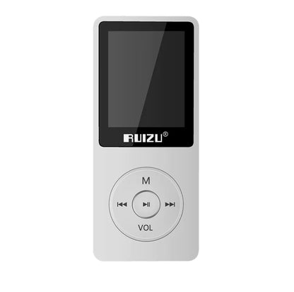 A RuiZu X02 MP3 voice recorder and portable player with a camouflage pattern, displaying a color screen, navigation buttons, and the RuiZu brand logo.
