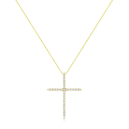 10K Yellow Gold Plated .925 Sterling Silver 3.0 Cttw Prong-Set Round Brilliant Cut Diamond Cross 18" Pendant Necklace (J-K Color, I1-I2 Clarity) WEM Support (www.WEM.support)