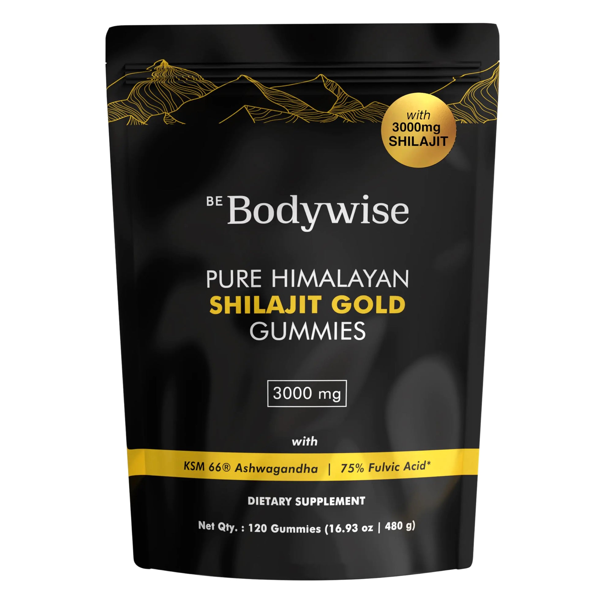 A black package of Be Bodywise Pure Himalayan Shilajit Gold Gummies with a label stating 3000 mg per gummy and including Ashwagandha, Gokshura, and more than 85 trace minerals.