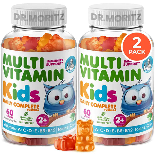 Two bottles of Dr. Moritz multivitamin gummies for kids with a 2-pack label, featuring an illustration of a smiling owl and the vitamins A, C, D, E, B6, B12, Zinc, Folic Acid, and Biotin.
