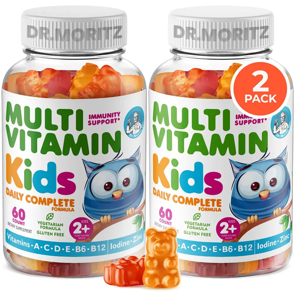 Two bottles of Dr. Moritz Multi Vitamin Kids on a white background
