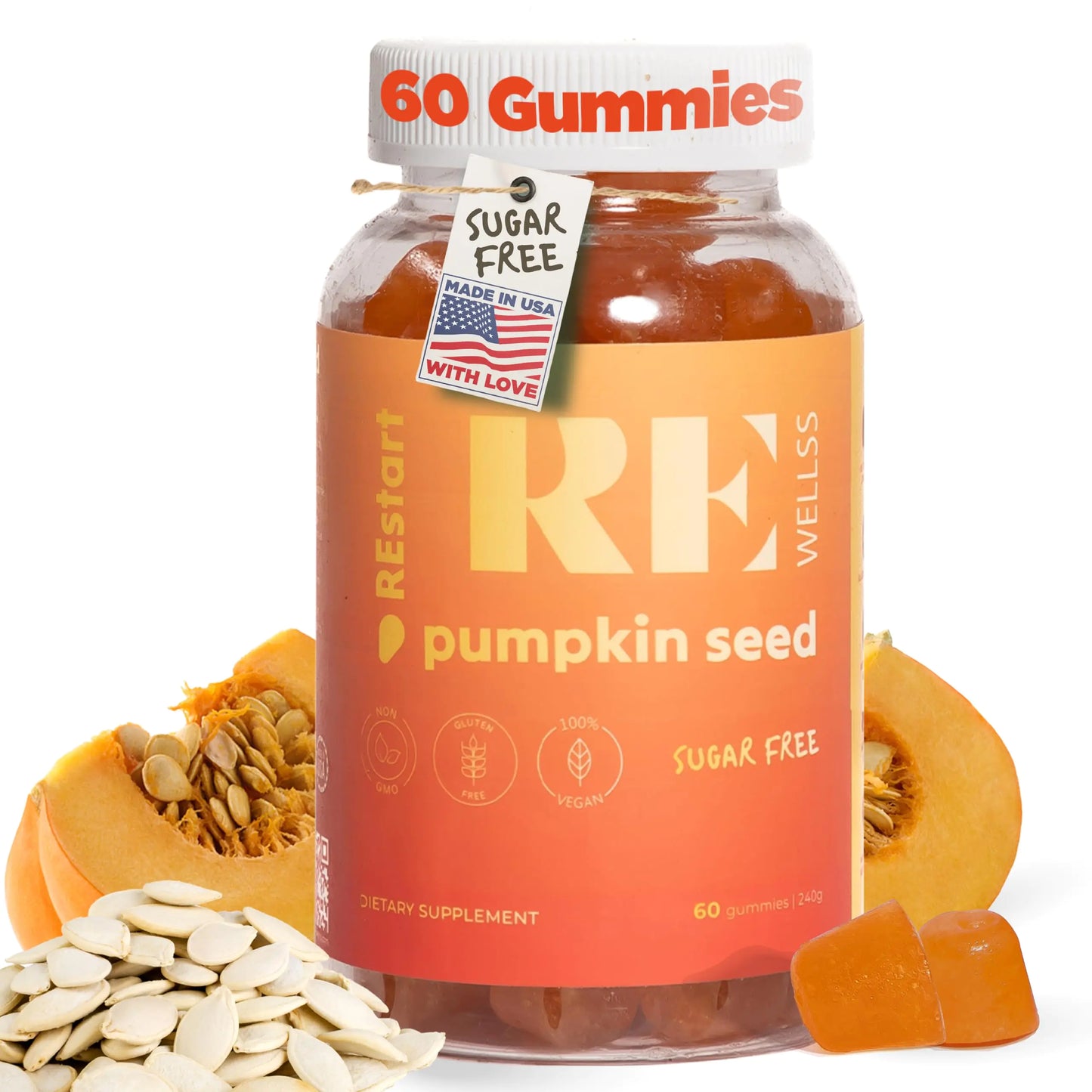 Pumpkin seed gummy supplement bottle with pumpkin seeds and a gummy on a white background
