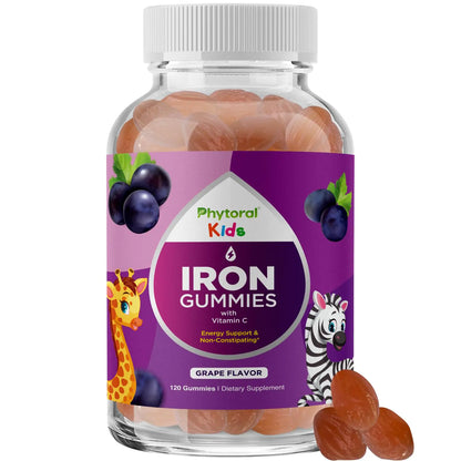 Bottle of Phytoral Kids Iron Gummies with grape flavor on a white background