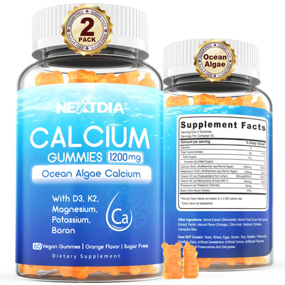 Two bottles of calcium gummies with ocean algae calcium, vitamin D3, K2, and magnesium, labeled as vegan and sugar-free, with one bottle in front of the other. The front bottle has the label facing forward, and the back bottle shows the supplement facts.