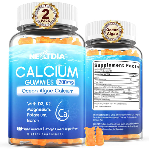 Two bottles of calcium gummies with ocean algae calcium, vitamin D3, K2, and magnesium, labeled as vegan and sugar-free, with one bottle in front of the other. The front bottle has the label facing forward, and the back bottle shows the supplement facts.