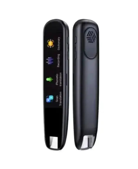 A promotional image featuring a sleek, black scanning translation pen with icons indicating double microphone noise reduction and smart recording. Waveform graphics illustrate the noise reduction feature.