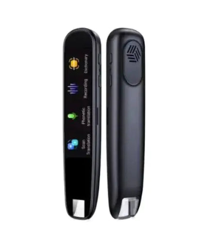 A promotional image featuring a sleek, black scanning translation pen with icons indicating double microphone noise reduction and smart recording. Waveform graphics illustrate the noise reduction feature.