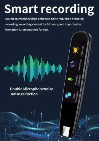 A promotional image featuring a sleek, black scanning translation pen with icons indicating double microphone noise reduction and smart recording. Waveform graphics illustrate the noise reduction feature.
