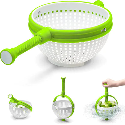 A green and white nylon salad spinner colander filled with various fruits and berries, being washed under a tap.