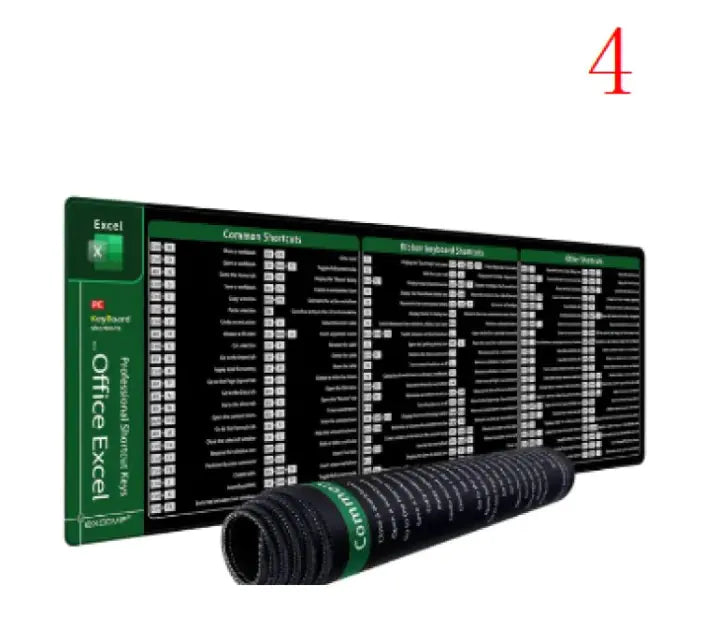 A mouse pad with printed shortcut keys displayed on a desk with a computer monitor, speakers, and various desk items in the background.