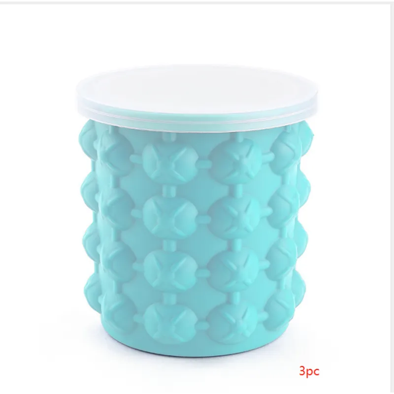 A blue silicone ice cube molder in the shape of a bucket with a lid, designed to make ice cubes.