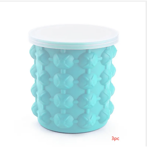 A blue silicone ice cube molder in the shape of a bucket with a lid, designed to make ice cubes.