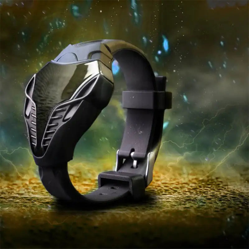 A black silicone LED digital watch with a sports design, displayed against a vibrant, lightning-filled background.