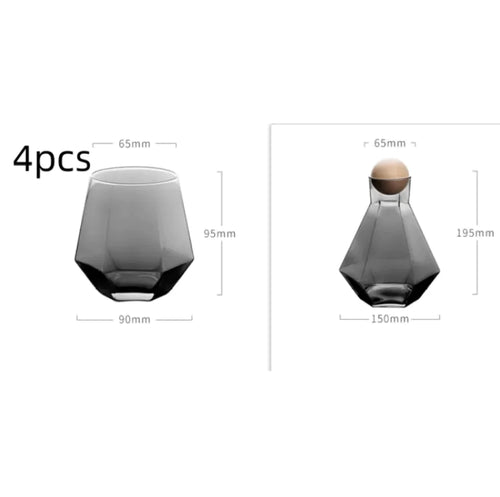 A set of four glass water bottles with a six-row design, featuring different colors ( transparent, colorful, amber) and a wooden cap.