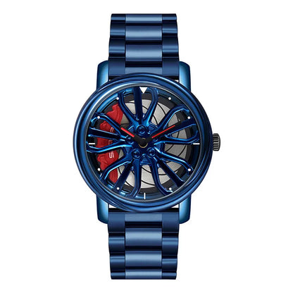 A blue skeleton quartz watch with a metallic strap and a visible mechanical movement.