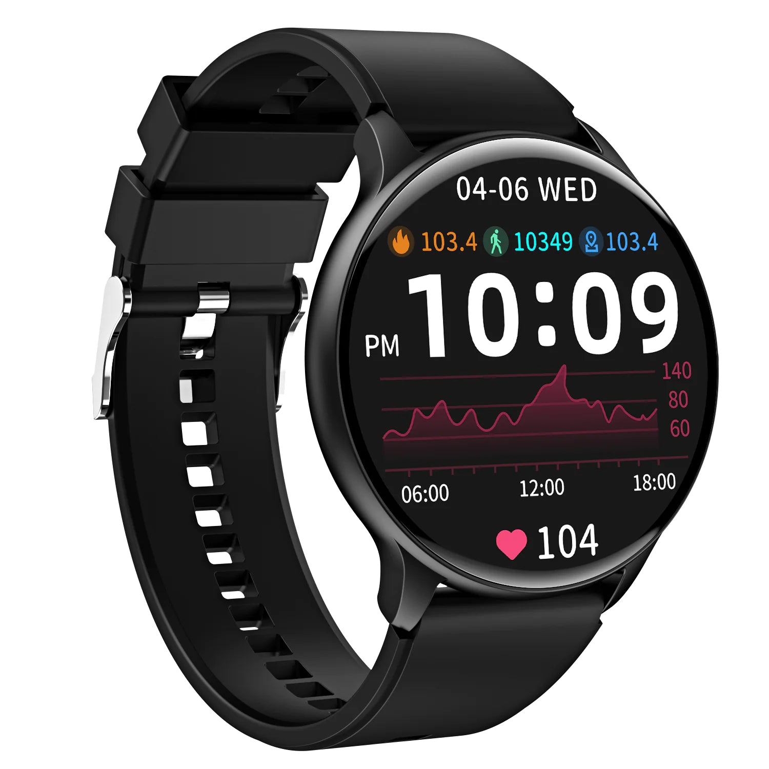A pink smartwatch with a silicone wristband and a round screen displaying various health metrics.