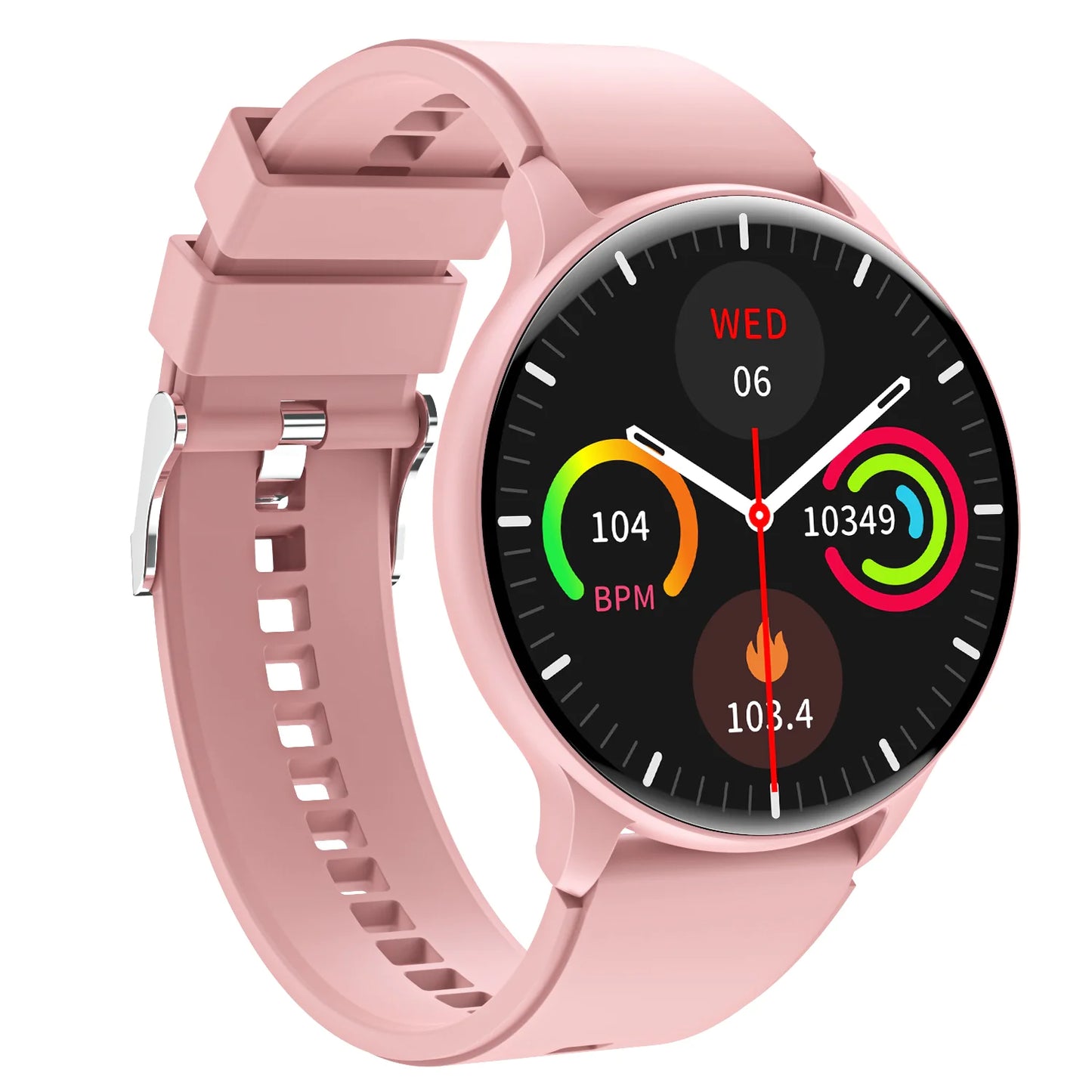 A pink smartwatch with a silicone wristband and a round screen displaying various health metrics.