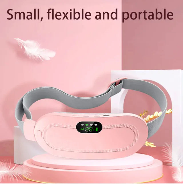A pink and gray smart relief waist belt with adjustable settings, showcasing its small, flexible, and portable features.