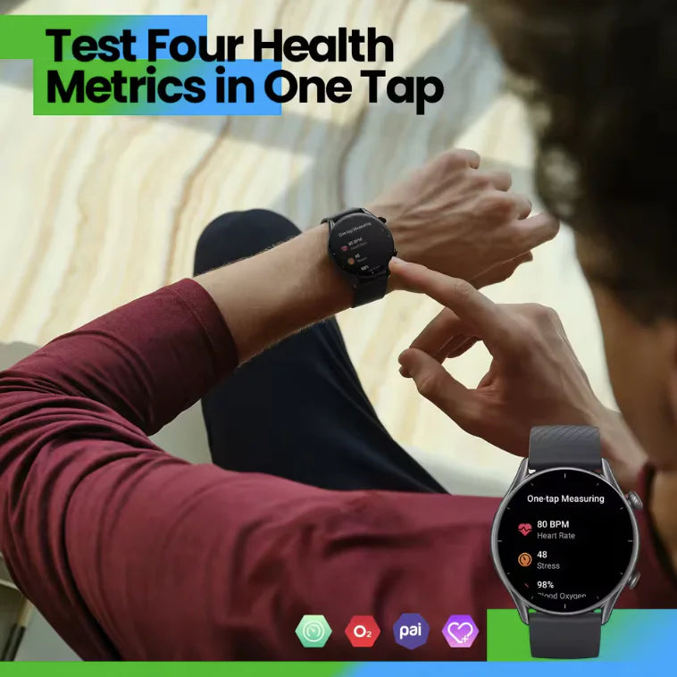 A promotional image featuring a smartwatch worn on the wrist with a graphic indicating health metrics monitoring. The watch has a black case and a black strap, displayed on a person's wrist.