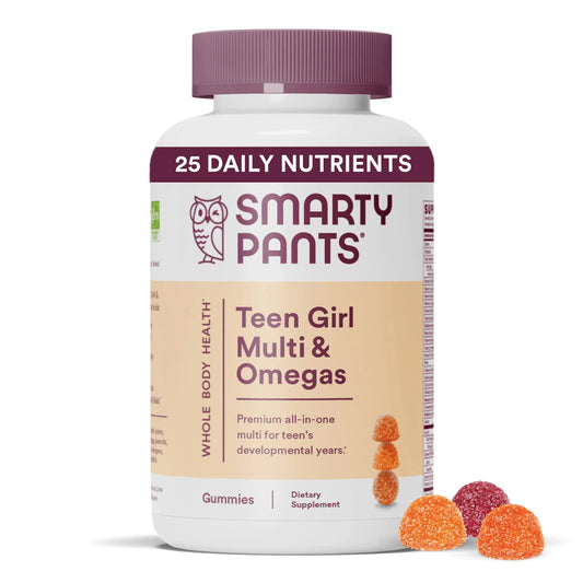 Bottle of SmartyPants Teen Girl Multi & Omegas gummy vitamins with the product name and benefits listed on the label, alongside three gummy vitamins visible in front.