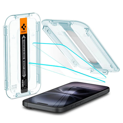 Packaging and product image of Spigen Tempered Glass Screen Protector for iPhone 16 Pro Max, showing the screen protector film and installation tools.