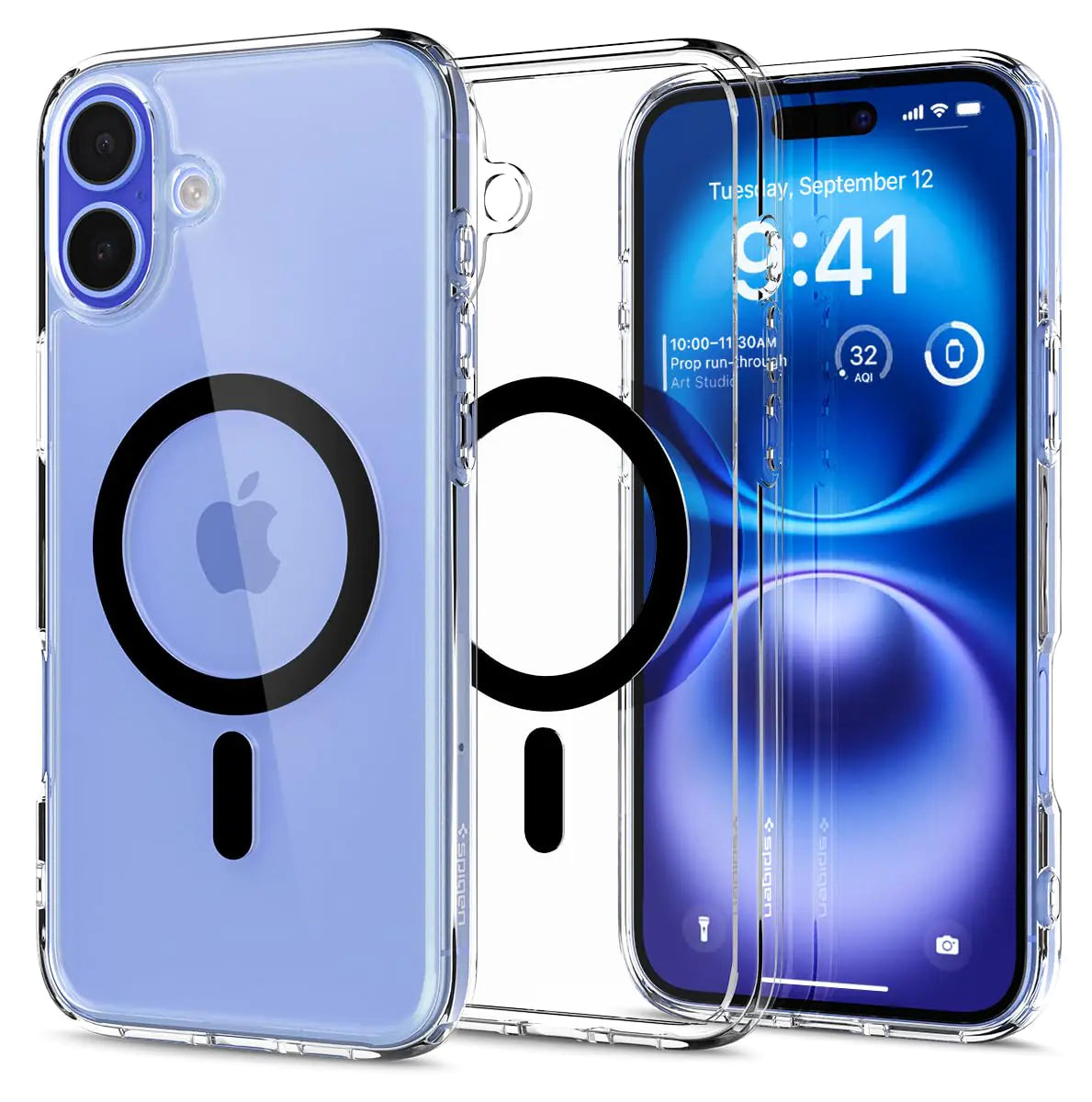A clear TPU case for iPhone 16 Pro with a carbon fiber pattern on the back. It includes a circular MagSafe compatible interface for wireless charging.