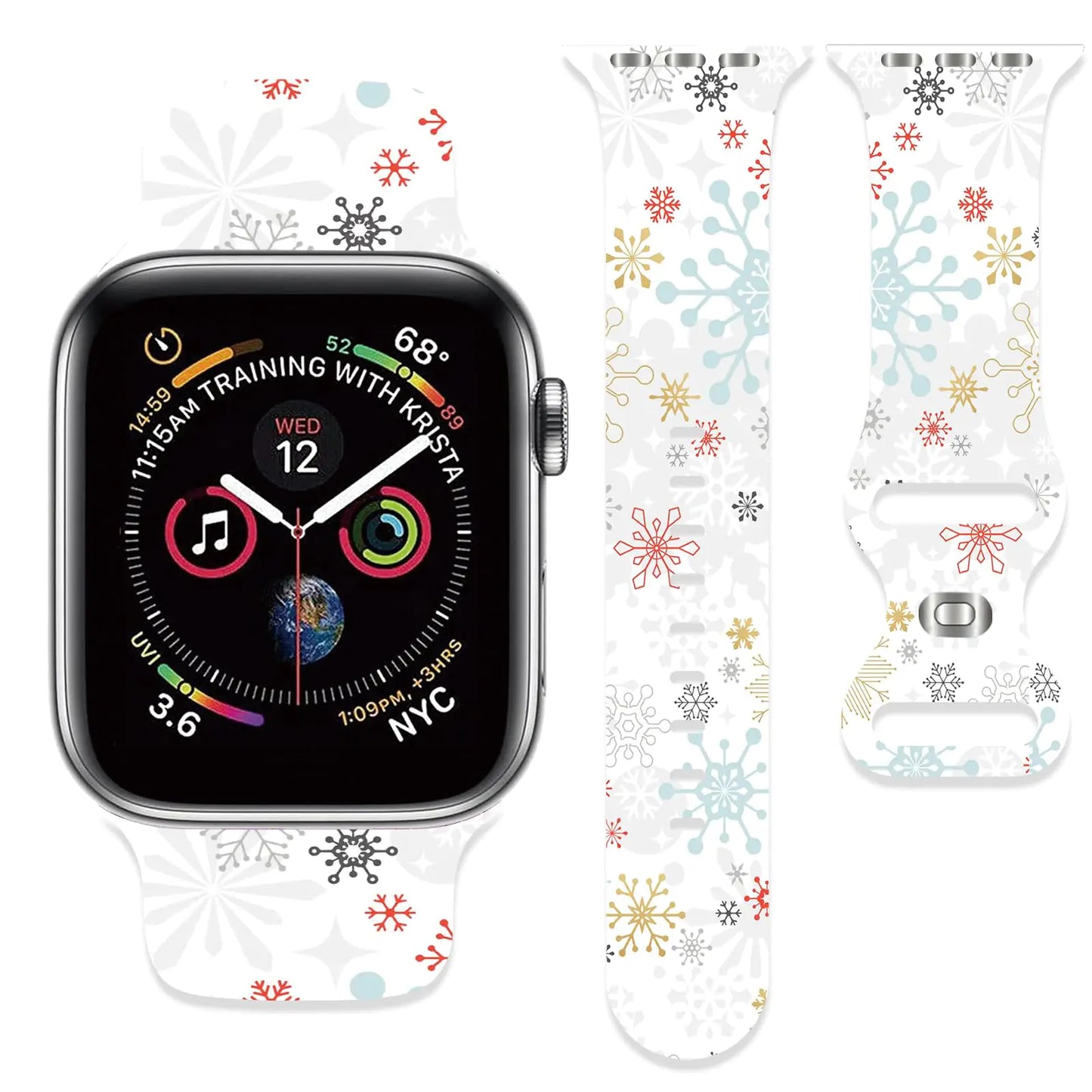 A yellow silicone wristband with red stitching designed for Apple Watches, displayed in three views including the band's buckle.