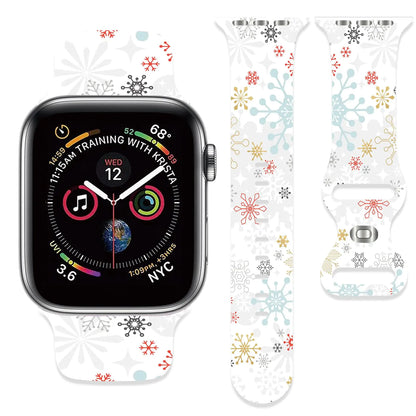 A yellow silicone wristband with red stitching designed for Apple Watches, displayed in three views including the band's buckle.