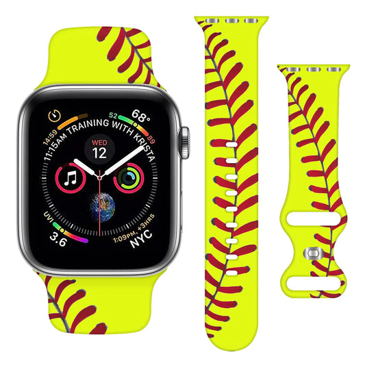 A yellow silicone wristband with red stitching designed for Apple Watches, displayed in three views including the band's buckle.