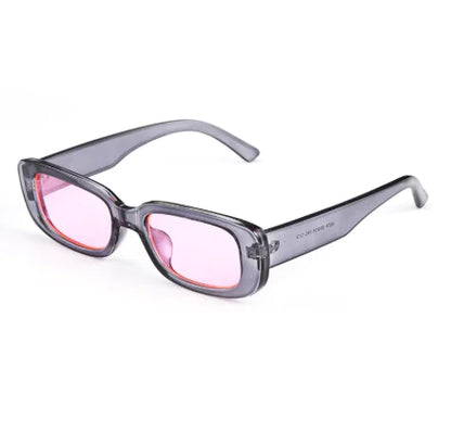 A pair of square-shaped sunglasses with a sleek frame design, featuring pink lenses and a transparent frame.