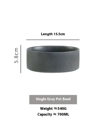 A gray ceramic pet bowl placed on a white background, with dimensions provided in the image.