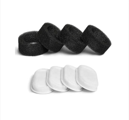 Two types of pet water dispenser filters, an oval white filter and a black circular ring filter, with dimensions labeled for product size.