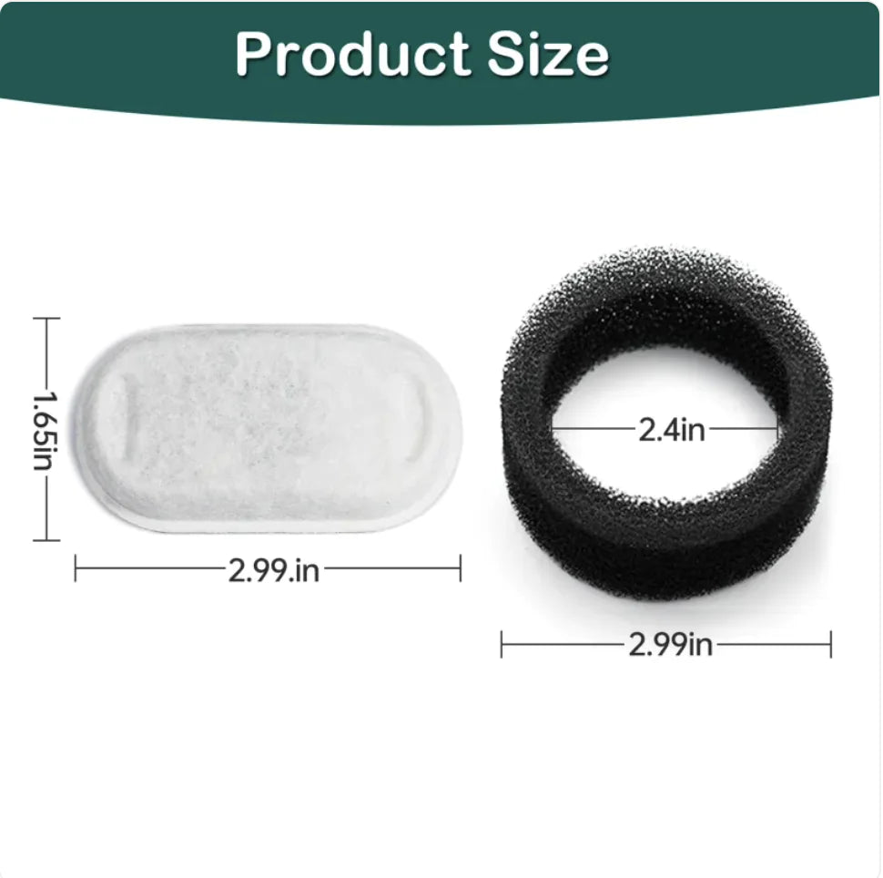 Two types of pet water dispenser filters, an oval white filter and a black circular ring filter, with dimensions labeled for product size.