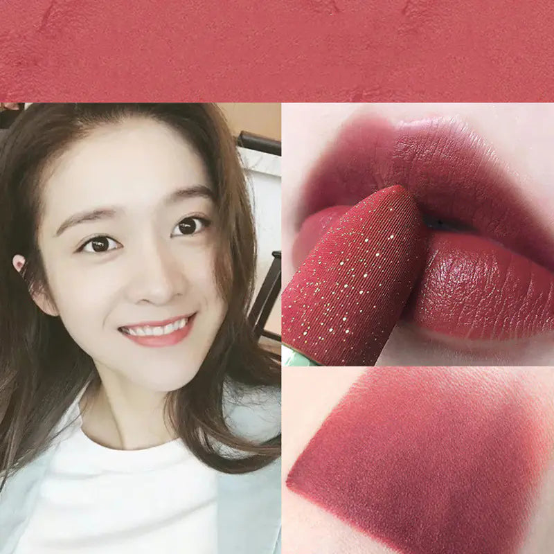 A collage of three images showing a close-up of a red matte lipstick with a shimmery finish, a person with the same red lipstick applied to their lips, and a variety of lipsticks in different shades displayed on a surface.