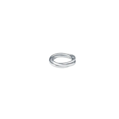 A three-ring interlocking ring made from titanium steel, displayed against a white background.