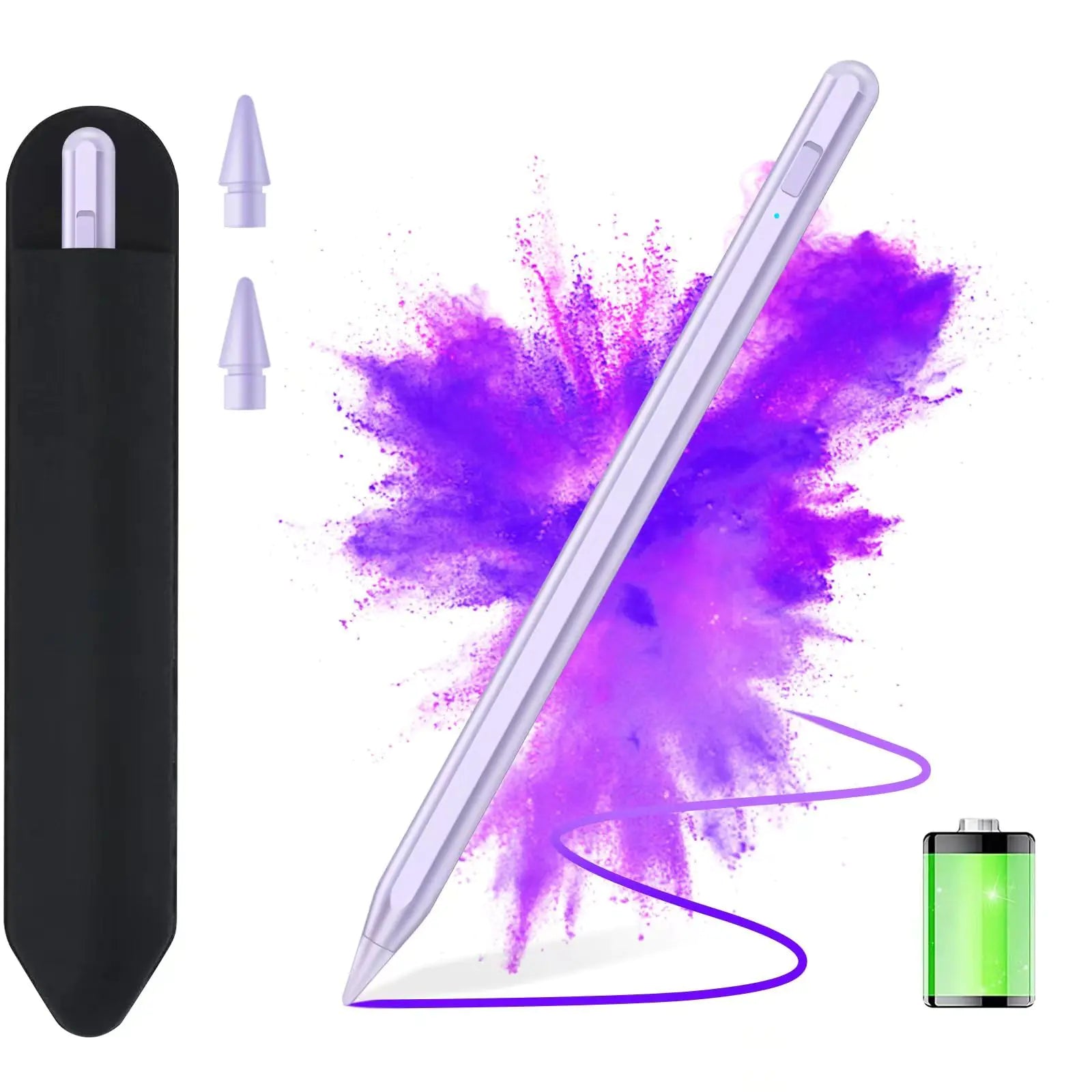 A white stylus pen compatible with various iPad models, displayed alongside its packaging which includes a USB charging cable and a protective case. Also shown is a detachable battery.