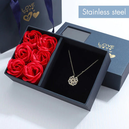 Rose Gift Box with Four-Leaf Grass and Heart Necklaces HejK.com