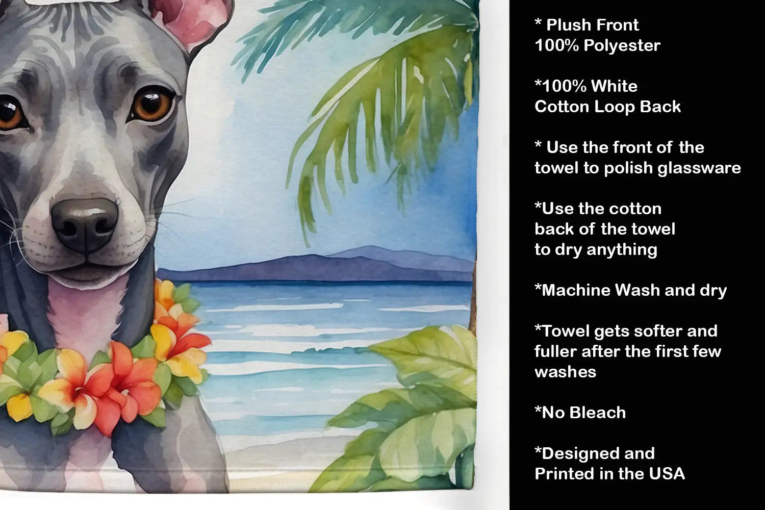 American Hairless Terrier Luau Kitchen Towel WEM Support (www.WEM.support)